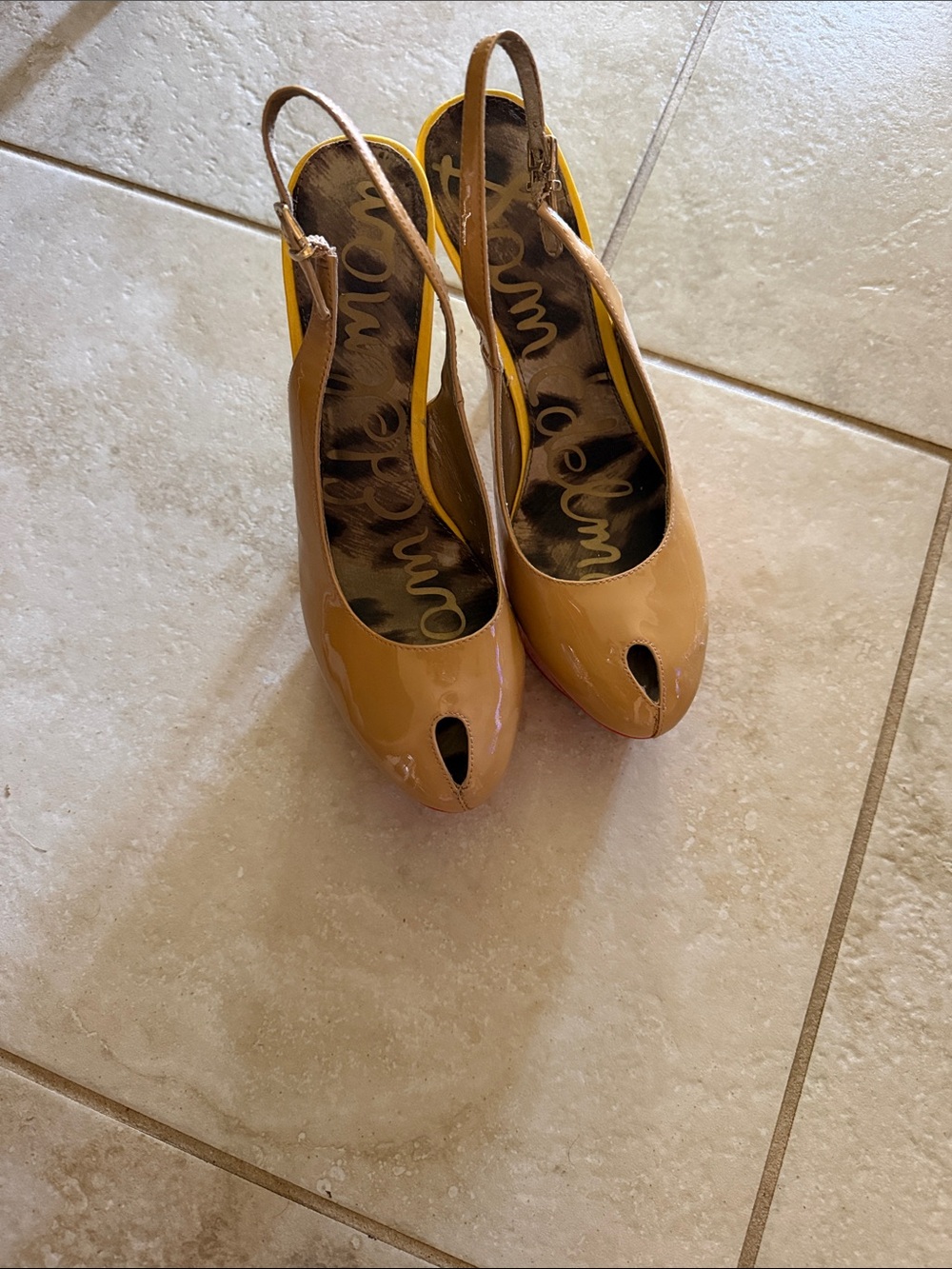 Sam Edelman Patent Slingback Peep-Toe Pumps in Camel